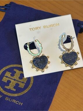 Tory Burch Gold Heart Semi-Precious Blue Lapis Drop Earrings.